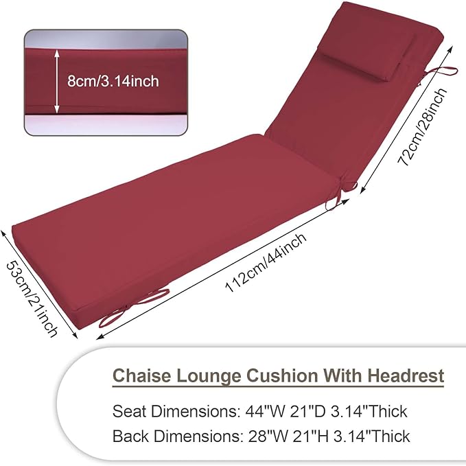 Chaise Lounge Cushions Outdoor Set of 2, 72x21x3 Lounge Chair Cushions for Outdoor Furniture, Patio Lounger Pads with Removable Cover for Pool, Deck, Lawn,Burgundy