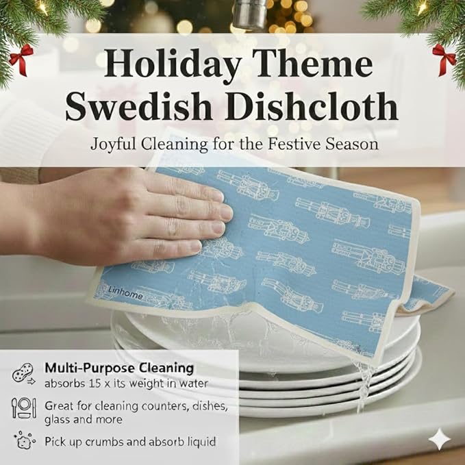 Christmas Holiday Swedish Dishcloth, Reusable Paper Towel, Super Absorbent Cellulose Sponge, Washable Kitchen Cleaning Cloth (Frosted Nutcrackers - 1 Pack)