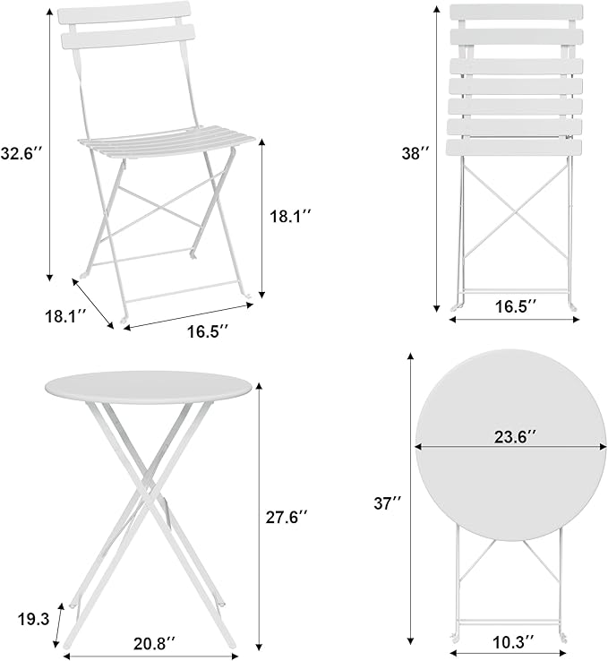 Bistro Table and Chairs Set of 2, 3 Piece Outdoor/Indoor Folding Patio Bistro Sets, 2 Chair Patio Furniture Set with Table, Premium Frame Foldable Coffee Tables for Balcony, Yard, Garden, White