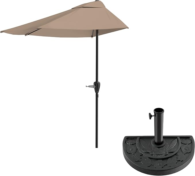 9-Ft Half Patio Umbrella Easy Crank Semicircle Balcony Shade with 20lb Weighted Base for Deck, Porch, or Against a Wall by Pure Garden (Sand)