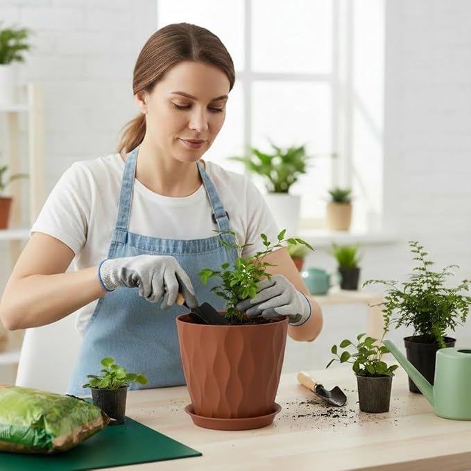 Plant Pots 8 Inch, 6 Pack Plastic Flower Pots for Indoor & Outdoor Plants, Planters with Drainage Holes and Saucer, Garden Pot for Plants (Multicolor)
