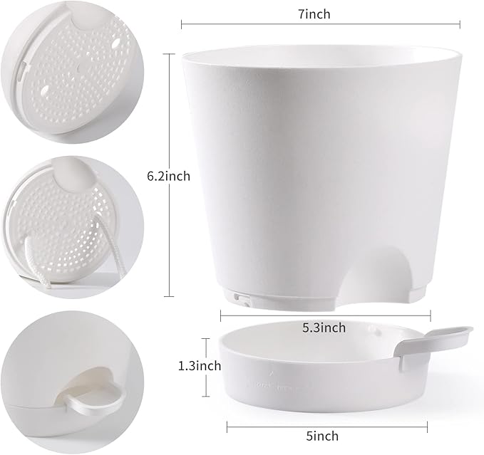 Plant Pots 5 PCS 7 inch Self Watering Planters High Drainage Flowers Pot for Indoor Outdoor Plants with Reservoir Tray and Watering Lip Gardening Planter Garden Flower Pots, White