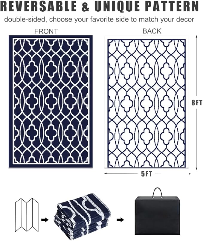 Pendolr 5’x8’ Outdoor Rug Waterproof Carpet Patio Outdoor Plastic Straw Rug Camping Rug Reversible Outside Outdoor Area Rug for Balcony Deck Backyard RV Picnic Beach Navy&White 01#
