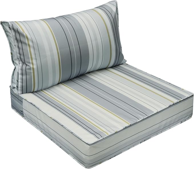 AAAAAcessories Outdoor Seat Cushions for Chairs, Fade-Resistant, Waterproof Patio Furniture Replacement Cushions, 23.5" x 25.5" x 5" + 23.5" x 13.5", Ash Blue Harbor Stripe