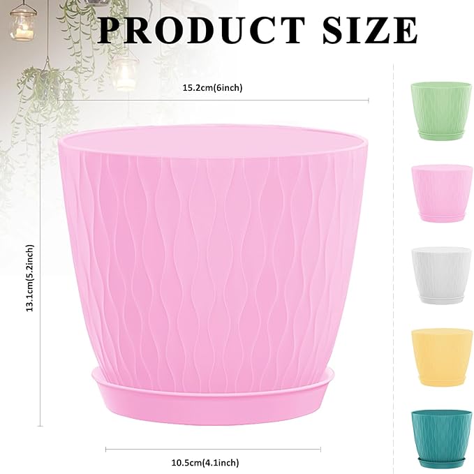 6 inch Flower Pots for Plants with Drainage Holes and Saucer, 5 Pack Plastic Plant Pots Indoor Planters for Outdoor Plants Small Garden House Home Decor, Nursery Pots for Succulent Colorful