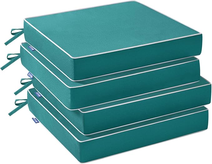 MIULEE Turquoise Outdoor Chair Cushions Set of 4, 19x19x3 Inch Waterproof Patio Seat Cushions for Outdoor Furniture Couch Sofa, 3 Year Color Fastness High Density Foam with Adjustable Ties