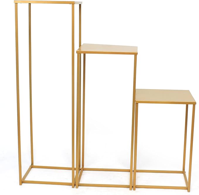 Set of 3 Metal Plant Stand Golden Nesting Display End Table Tall Pedestal Stand Indoor Outdoor Flower Pot Holder Stand Plant Square Display Rack Set for Wedding Garden Patio Terrace