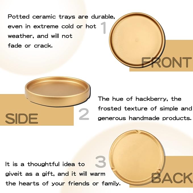 Round 4 Inch Ceramic Plant Saucer Drip Tray Set of 2 for Indoor Small Flower Pots Home Garden Outdoor Flower Plant Pot,Gold Saucers