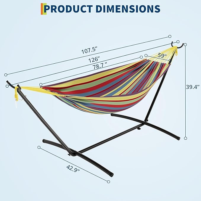 Double Hammock with Space Saving Steel Stand Included-2 Person Camping Hammock with Carry Bag, Outdoor Portable Hammocks, 450lb Capacity Standing Hammocks for Garden Yard(Yellow Rainbow)