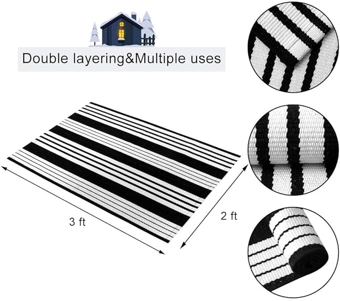 OJIA Front Door Mat 24"x35" Black and White Outdoor Rugs Front Door Rug Washable Entryway Rug Cotton Hand Woven Indoor Outdoor Doormat Small Area Rugs Layered Doormat for Porch/Home Entrance Decor