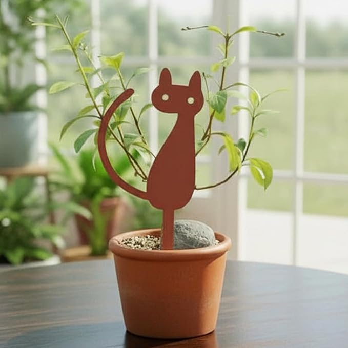 Elegant Cat Metal Garden Stake – Powder-Coated Steel Plant Pick for Pots & Planters, Rustic Indoor/Outdoor Decorative Accent