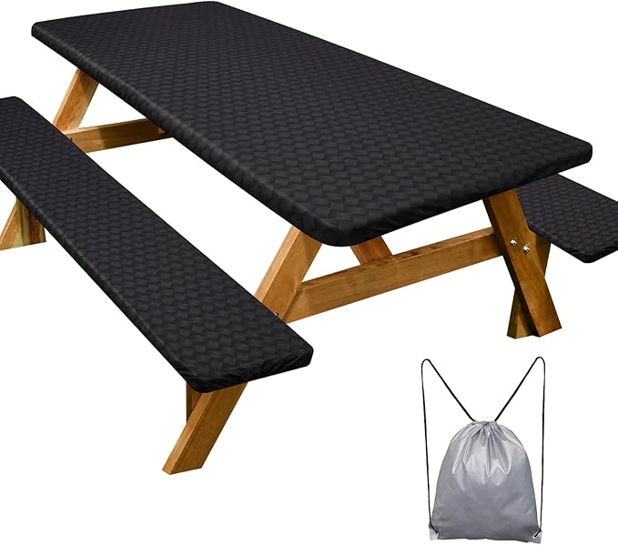 Picnic Table Cover with Bench Covers Camping Essentials Waterproof Windproof Camping Tablecloth with Drawstring Bag, Fitted Rectangle Tables and Seats, 96in, Black