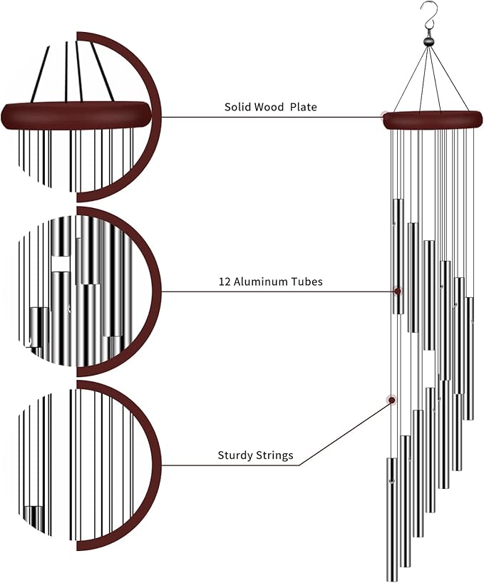 Wind Chimes for Outside, Sympathy Wind Chimes Outdoor Clearance with 12 Aluminum Alloy Tubes and Hook, Memorial Wind Chime Gift Decoration for Home, Patio, Garden, Outdoor
