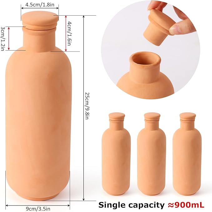 3pcs 10*3.5*3.5in Ollas Self Watering Planter Watering System 30.5oz Plant Watering Globes Clay Watering Pot with lid Terra Cotta Clay Irrigation Globes Insert Drip Irrigiation Olla System
