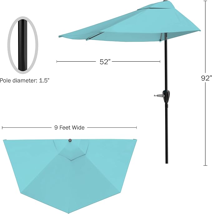 Half Umbrella Outdoor Patio Shade - 9 ft Patio Umbrella with Easy Crank - Small Canopy for Balcony, Table, or Deck by Pure Garden (Blue)