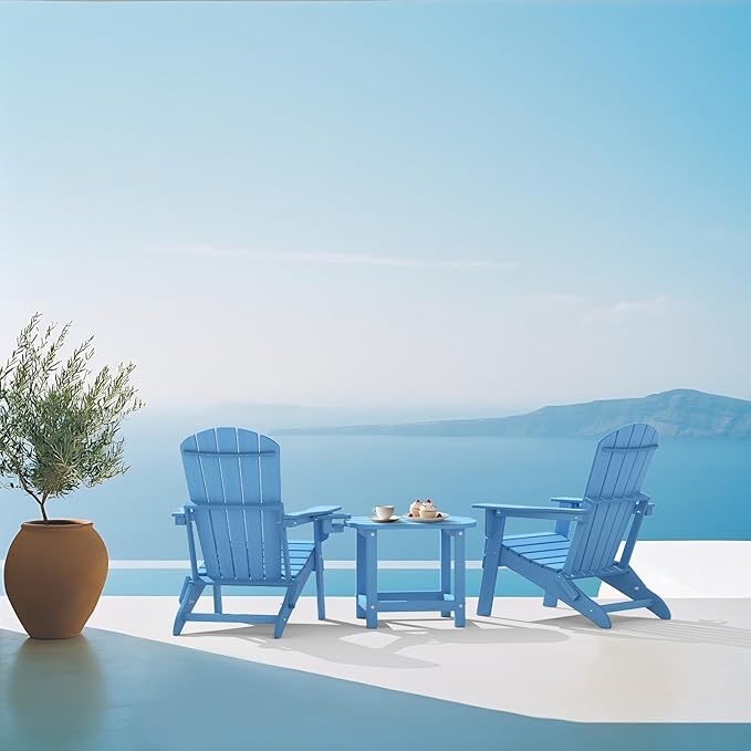Plawdlik Folding Adirondack Chair Set of 6 with Cup Holder，Wooden Textured ，Heavy All-Weather HDPE Comfortable Set Poolside Backyard Lawn, Light Blue
