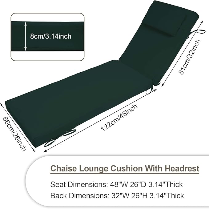Chaise Lounge Cushions Outdoor Set of 2, 80x26x3 Lounge Chair Cushions for Outdoor Furniture, Patio Lounger Pads with Removable Cover for Pool, Deck, Lawn,Dark Green