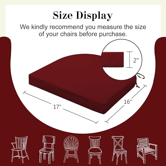 Cozyide Outdoor Chair Cushions, Waterproof Patio Seat Cushions with Adjustable Straps, Round Corner Patio Chair Cushions for Garden, Burgundy, 17x16x2 Inch (Pack of 4)