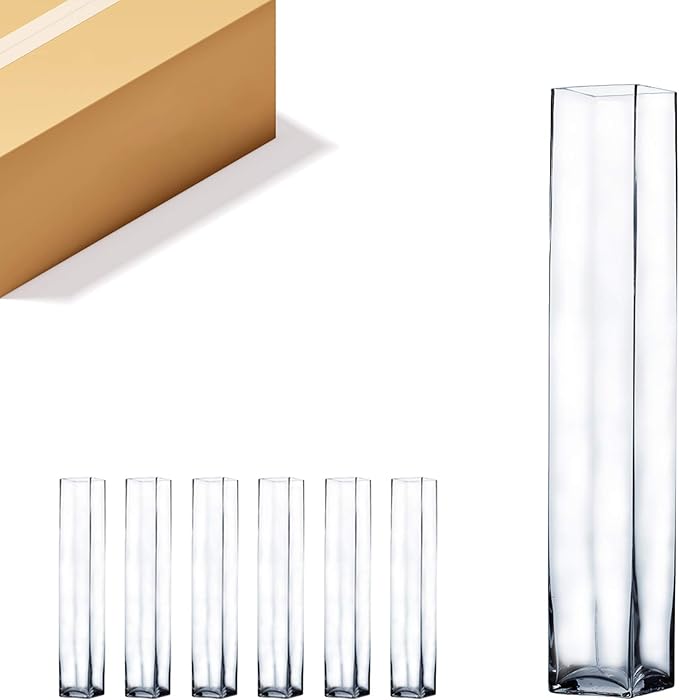 WGV Tall Square Vase Glass Block Bulk, Length 4", Height 24", Clear Floral Container, Masterpiece, Planter Terrarium for Wedding Party Event, Home Office Decor, 6 Pieces