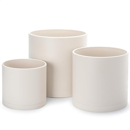 D'vine Dev 8 Inch 10 Inch 12 Inch, Set of 3 Plastic Planter Pots for Plants with Drainage Hole and Seamless Saucers, Oatmeal, X-Large, 74-V-H-5