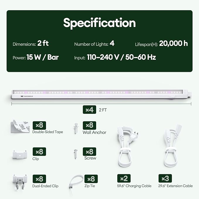 Plant Grow Light 2ft, Tunable Full Spectrum LED Grow Light Strips 60W (4 x 15W), T5 Growing Lamp for Indoor Plants, Greenhouse, High PPFD, 4-Pack