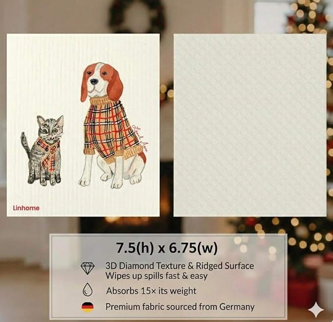 Christmas Holiday Swedish Dishcloth, Cats & Dogs Collection, Reusable Paper Towel, Super Absorbent Cellulose Sponge, Washable Kitchen Cleaning Cloth (Cat & Dog Holiday - 1 Pack)