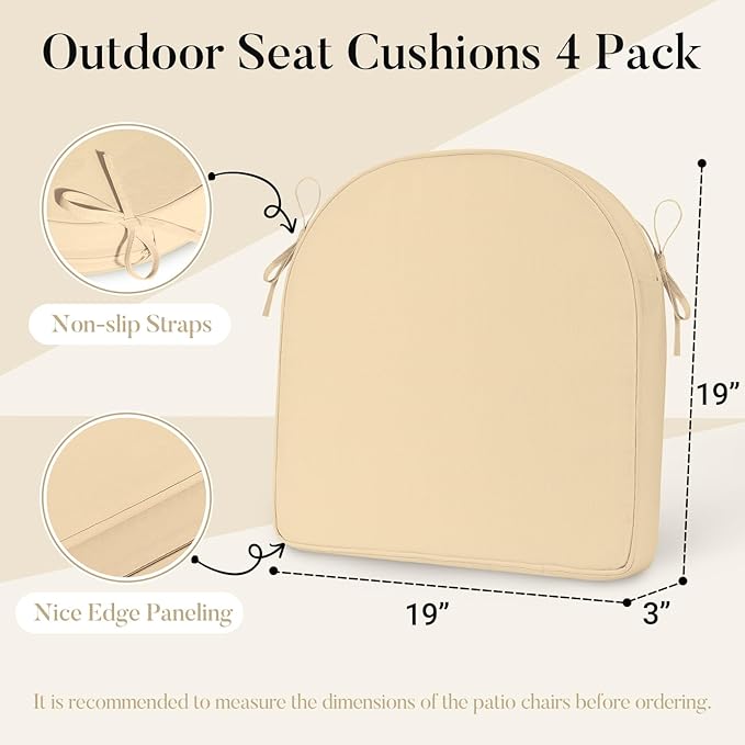 Basic Beyond Outdoor Cushions for Patio Furniture Waterproof Outdoor Chair Cushions Set of 4-19 x 19 x 3 Inch Thick Patio Chair Cushions with Adjustable Ties, Beige