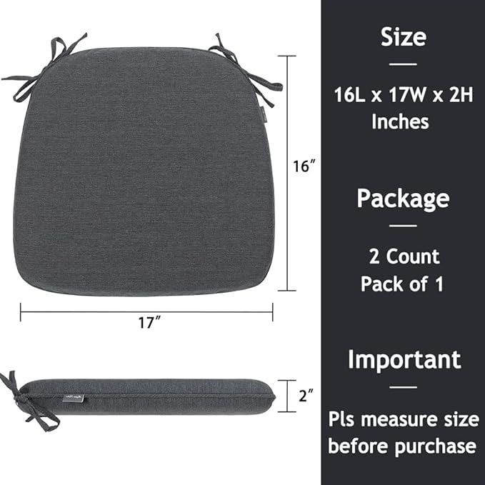 Magpie Fabrics 17"x16"x2" U-Shape Chair Cushions with Ties 2 Count, Outdoor Indoor Waterproof All Weather Seat Pads Decoration for Patio Garden Dining Office - Dark Gray