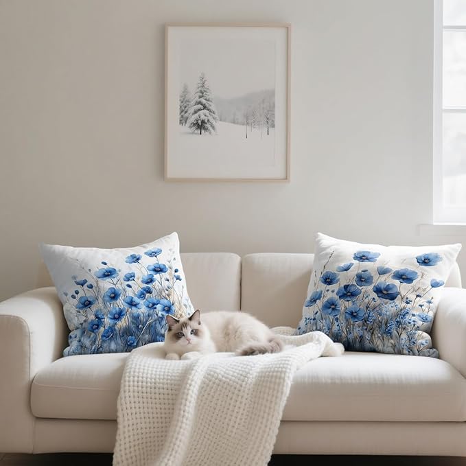 Blue Flower Pillow Covers 18x18 inch Set of 4, Modern Minimalist Botanical Decorative Throw Pillow Cases Holiday Decorations for Sofa Couch Farmhouse Home