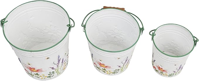 3-Piece Floral Metal Planter Bucket Set - Rustic Lavender Decorative Flower Pots for Succulents, Herbs & Indoor/Outdoor Garden, Flower Arranging, Wedding Party Home Decor Accents