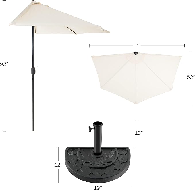 9-Ft Half Patio Umbrella Easy Crank Semicircle Balcony Shade with 20lb Weighted Base for Deck, Porch, or Against a Wall by Pure Garden (Tan)