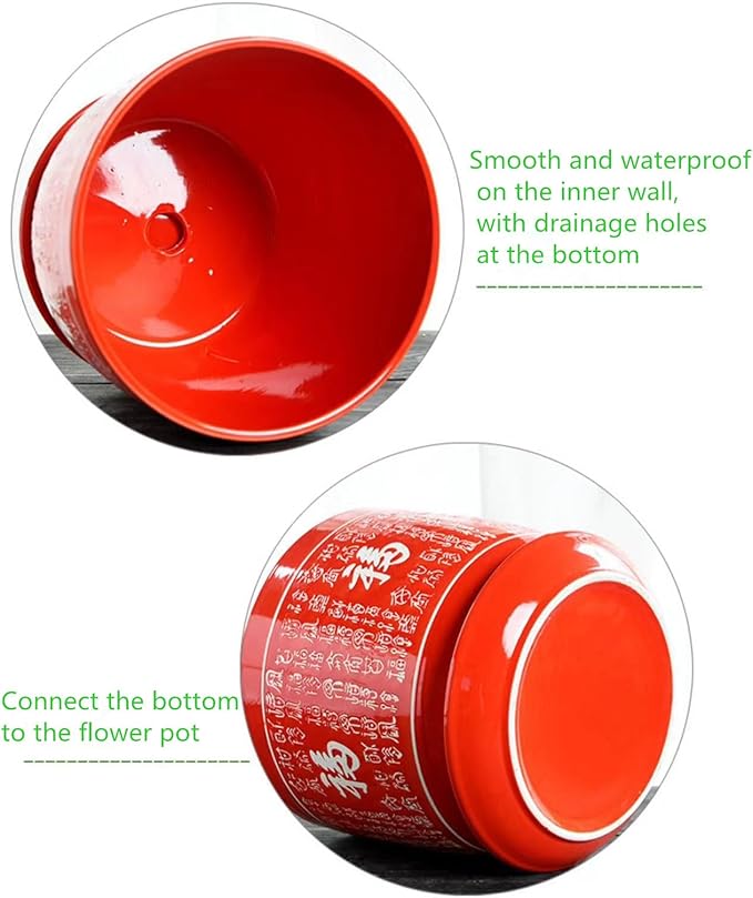 Ceramic Red Planters Pot with Drainage Hole and Saucer, Home/Garden Outdoor Decorative, Tray for Wedding - Outside Chinese Characters Meaning Fortune,Plants Not Included