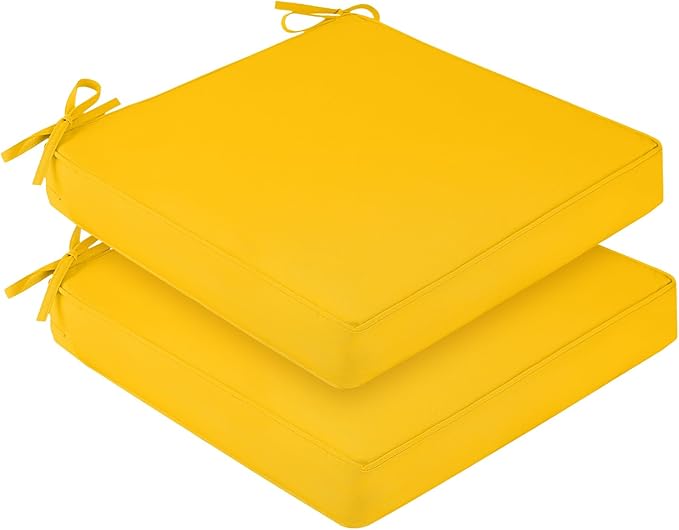 downluxe Waterproof Outdoor Chair Cushions Set of 2, 19" x 19" x 3" Patio Chair Cushion with Non-Slip Ties & Handle, Square Outdoor Cushion for Patio Furniture with Removable Cover, Yellow