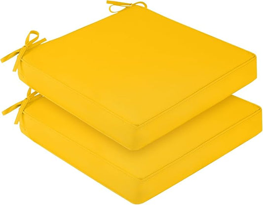 downluxe Waterproof Outdoor Chair Cushions Set of 2, 19" x 19" x 3" Patio Chair Cushion with Non-Slip Ties & Handle, Square Outdoor Cushion for Patio Furniture with Removable Cover, Yellow