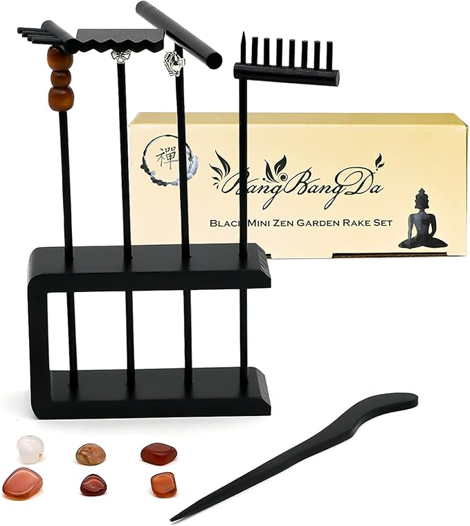Mini Zen Garden Rake Set - 12 Piece Black Bamboo Sand Rakes with Storage Stand & 6 Crystals - Desktop Meditation Tools for Adults, Stress Relief Zen Gift