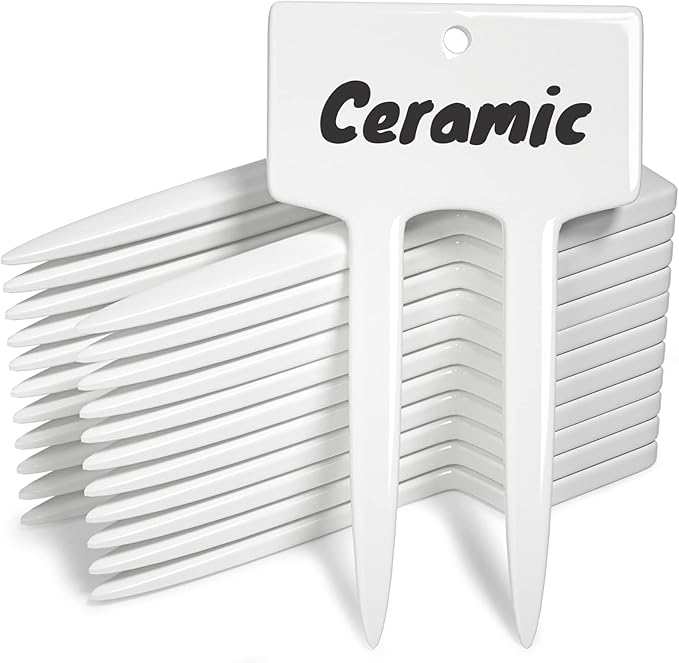 Plant Labels, Ceramic Garden Markers, Herbs Succulent Name Tags, Supplies for Seeding Pot Potted Plants Raised Bed, Indoor & Outdoor, Reusable Waterproof - Set of 12, White