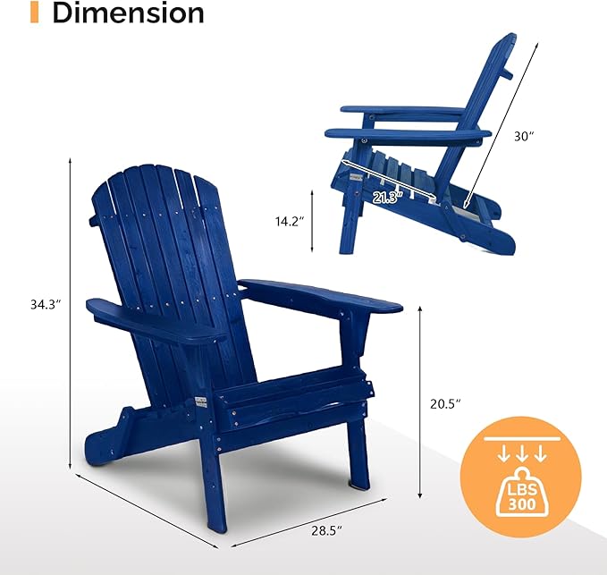 VINGLI Folding Adirondack Chairs Set of 6, Wood Adirondack Chair for Outdoor, Foldable Fire Pit Chairs for Patio, BBQ, Porch, Yard, Pool, Blue