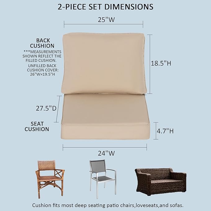 Sunbrella Outdoor Patio Chair Cushions Set, 24x27.5 Inch Outdoor Deep Seat Cushions Set of 2,Water-Resistant,Piped Edges & YKK Hidden Zipper,Sunbrella Canvas Antique Beige