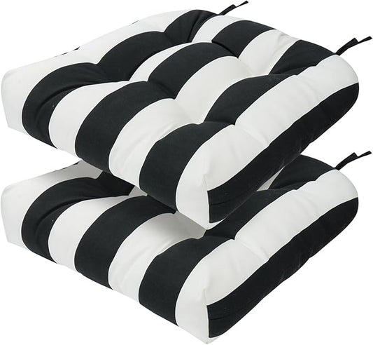 FUNHOME Outdoor Chair Cushions Set of 2,19 x19 Inch,Waterproof Tufted Patio Seat Cushions with Ties,Reversible,All Weather,Round Corner Wicker Chair Cushion for Outdoor Furniture(Black White)