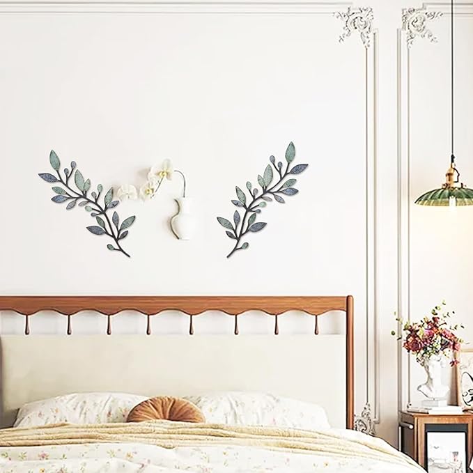 Gthiely 2 Pcs Metal Leaf Wall Decor - Vintage Blue Green Wall Art for Bedroom Living Room Bathroom Rustic Farmhouse Indoor Outdoor (Olive Branch, Each 15x6 inches)