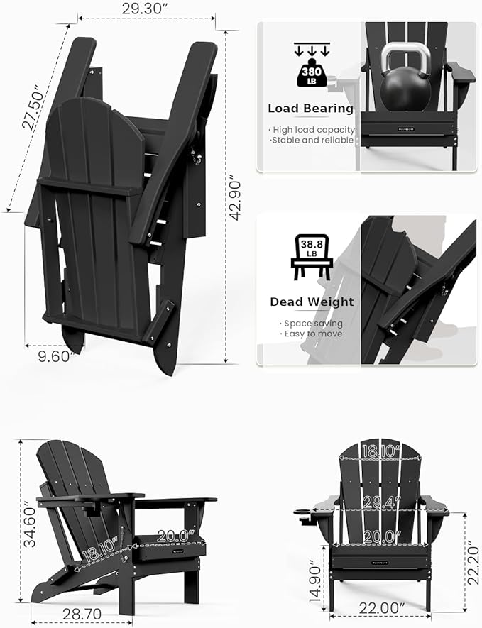 MUCHENGHY Folding Adirondack Chairs 4 Pack, Patio Chairs, Fire Pit Chairs, Outdoor Chairs, Plastic Adirondack Chairs, Lawn Chairs Weather Resistant with Cup Holder for Deck, Backyard, Garden(Black)