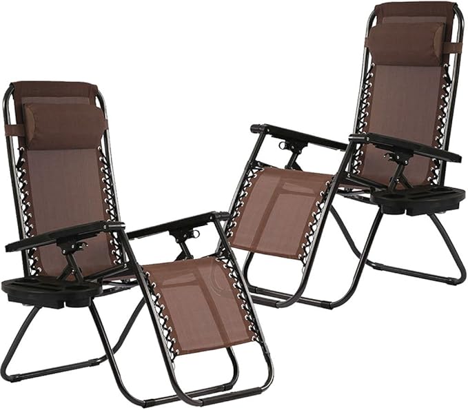 Zero Gravity Chairs Set of 2 with Pillow and Cup Holder Patio Outdoor Adjustable Dining Reclining Folding Chairs for Deck Patio Beach Yard (Brown)