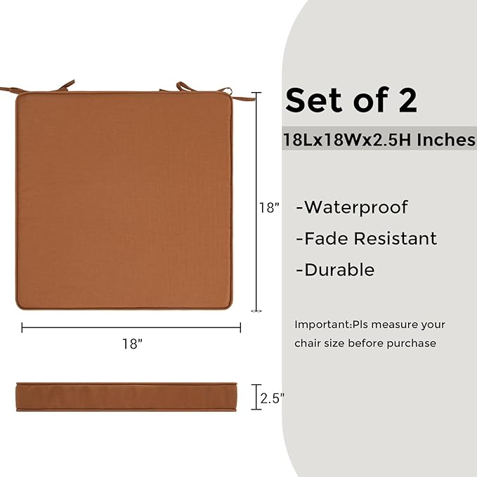 FUNHOME Outdoor Chair Cushions 18x18 Inch,Set of 2,Water Resistant Chair Pads with Ties,Square Seat Cushion 18"x18"x2.5",Patio Chair Cushion for Garden,Backyard Furniture(Caramel Orange)