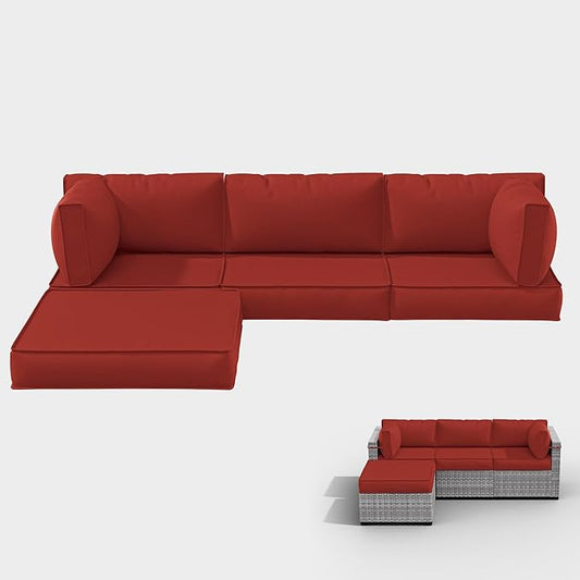 Outdoor Cushions for Patio Furniture with 5 Pillows, Waterproof Patio Furniture Cushions Replacement, 4" Deep Seat Outdoor Sectional Cushions for 4-seat Patio Furniture Chair Sofa Couch,Terra Red