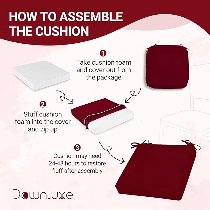 downluxe Waterproof Outdoor Chair Cushions Set of 4, 19" x 19" x 3" Patio Chair Cushion with Non-Slip Ties & Handle, Square Outdoor Cushion for Patio Furniture with Removable Cover, Burgundy