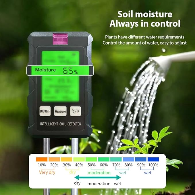 Soil Moisture Meter 6-in-1 Soil Ph Meter Moisture/Fertility/pH/Temperature/Humidity/Light 90-Degree Rotatable Backlight LCD display Soil Tester Gardening Tool for Lawn Farm Garden Indoor Outdoor Use