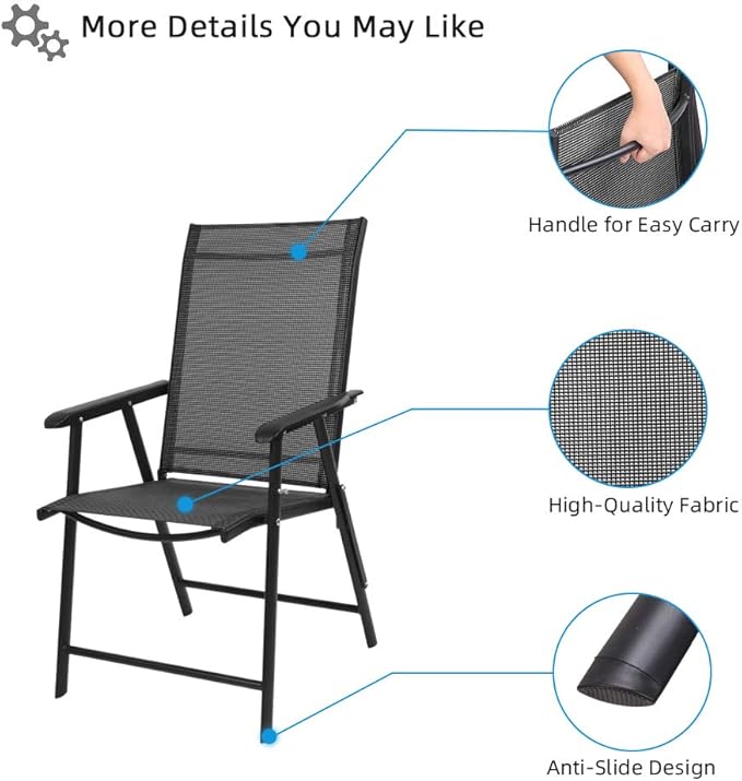 VINGLI Upgraded Version Single 1 Folding Chairs with Arms, Portable Patio Chairs for Outdoor & Indoor, Sling Back Chairs for Lawn, Pool, Courtyard, Balcony & Garden (Black)