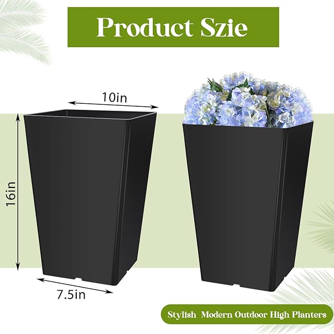 Set of 2 15.75 Inch Large Taper Planters Outdoor Indoor Tall Resin Flower Pots with Drainage Holes Modern for Front Door Patio Backyard Plants(Black)
