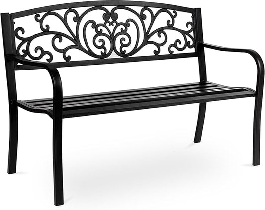 Outvita Outdoor Bench, 50" Metal Frame Garden Bench Patio Porch Furniture with Plastic Floral Design Backrest Powder-Coated Chair Yard Entryway Deck Furniture