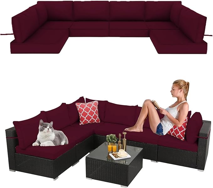 14 Pieces Outdoor Sectional Replacement Cushions for Patio Furniture, 4in Thick Outdoor Sofa Cushions for 6 Seat, Waterproof Deep Seat Couch Patio Cushions Set (Wine red)